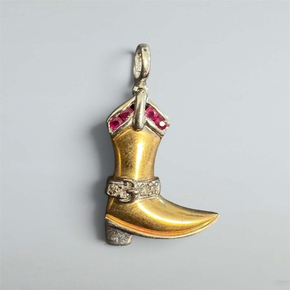 14K Gold Two Tone Cowboy Boot Pendant Red Clear Stones Western Charm